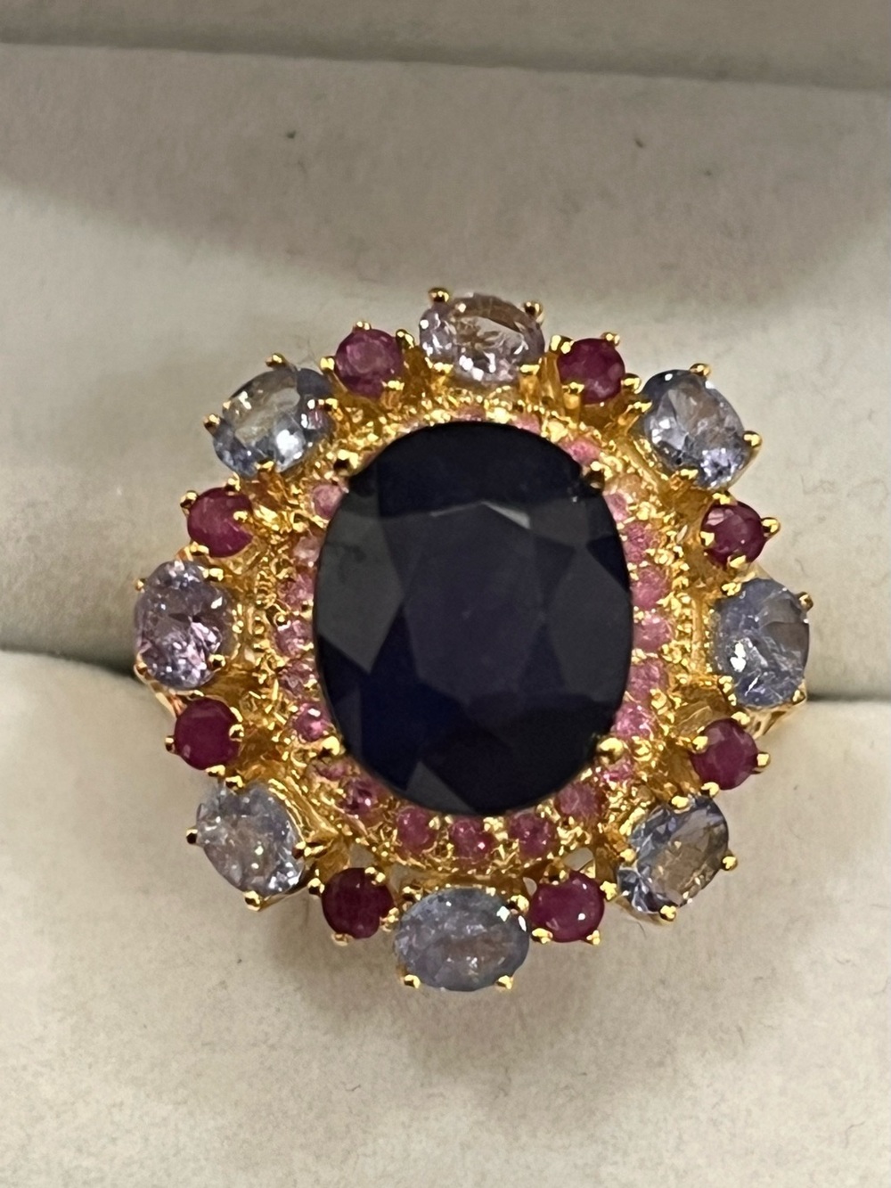 5ctAppraised Genuine Sapphire Ring with Ruby and Tanzi Accents- 925 silver gold